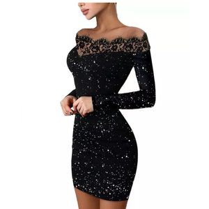 Black Off Shoulder Dress Bodycon Micro Mini Lace Dress